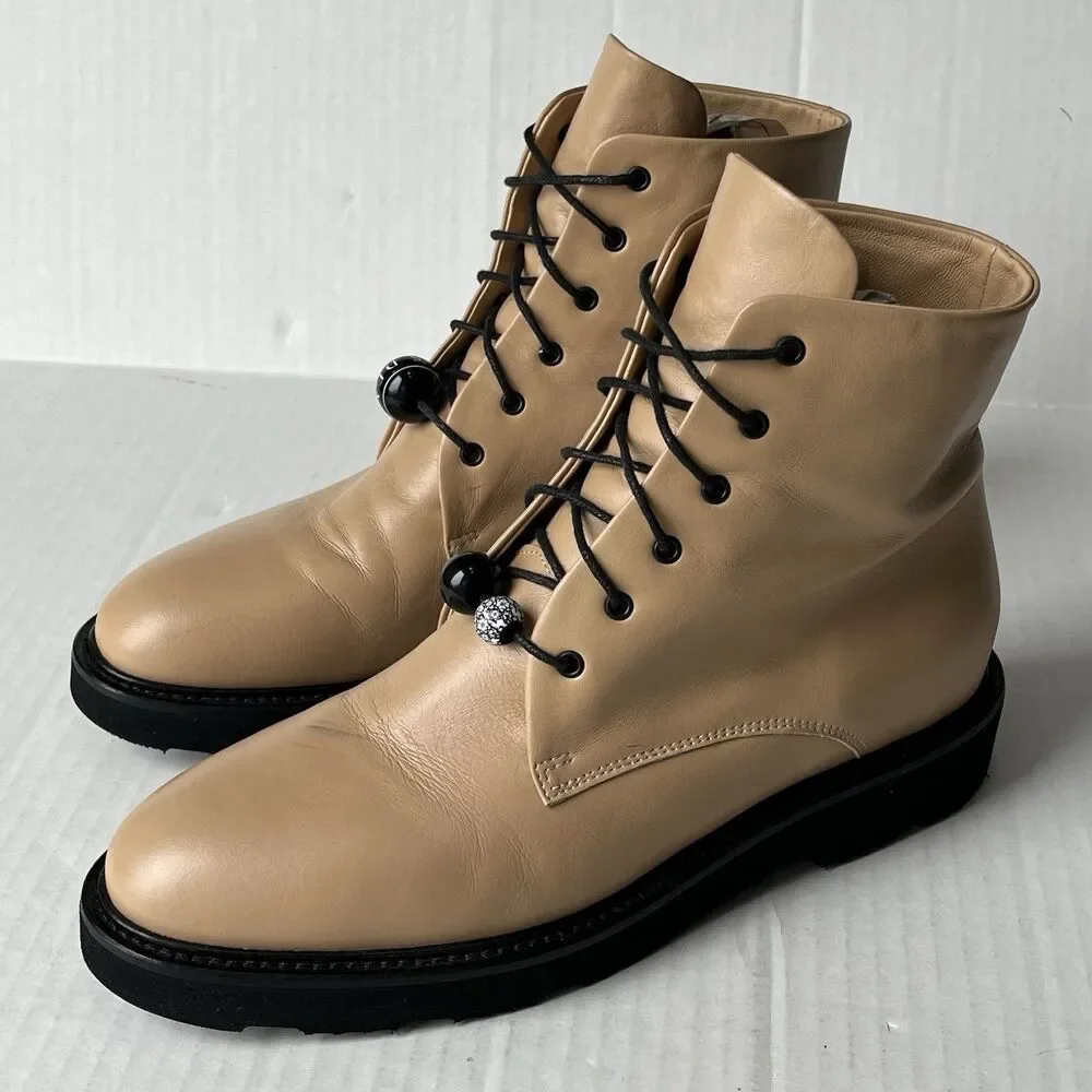 DEAR FRANCES Park Boot Womens 9.5 Camel Tan Leather Lace Up Ankle Combat Beaded